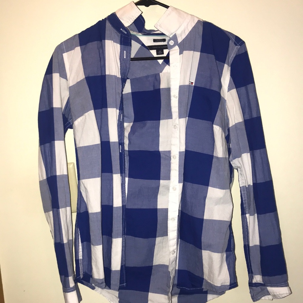 blue and white plaid button down shirt